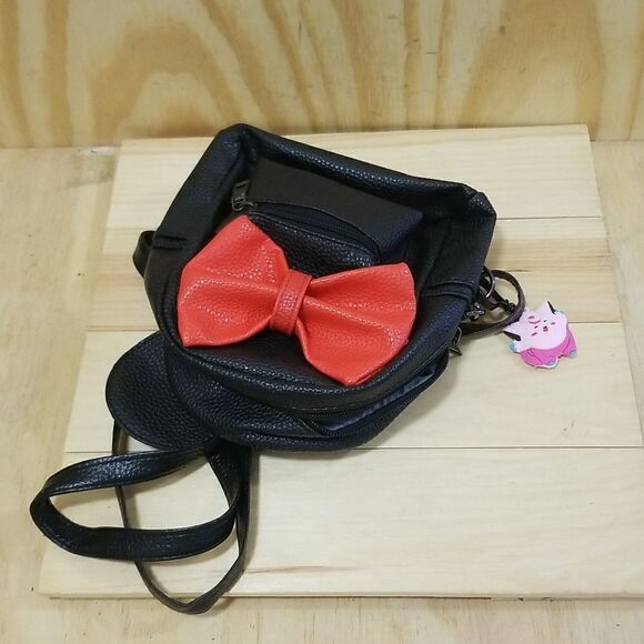 Mini Backpack Black Purse with Mouse Ears and Red Bow Vegan Leather - Picture 4 of 8
